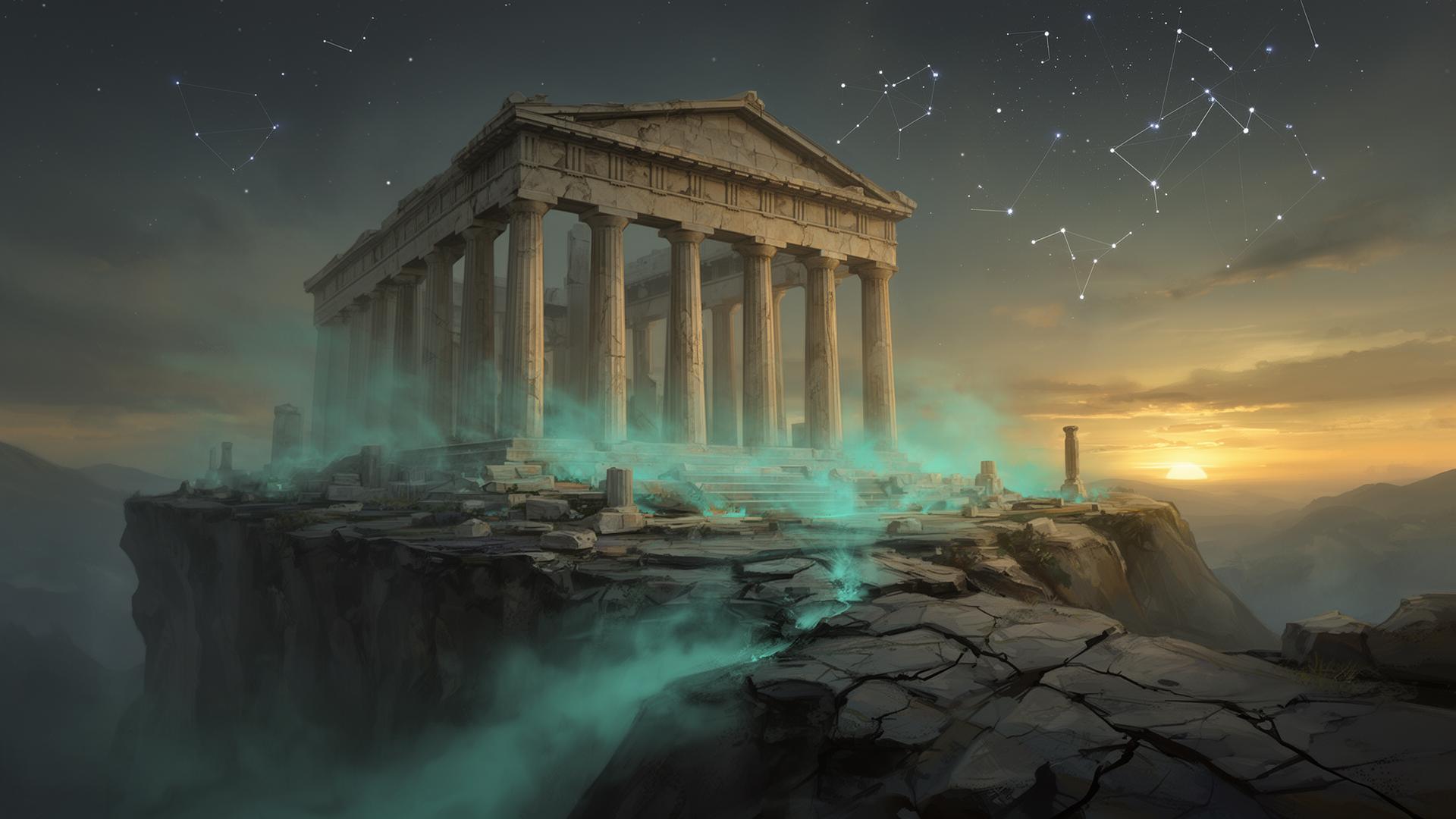 Ancient Greek temple at dusk